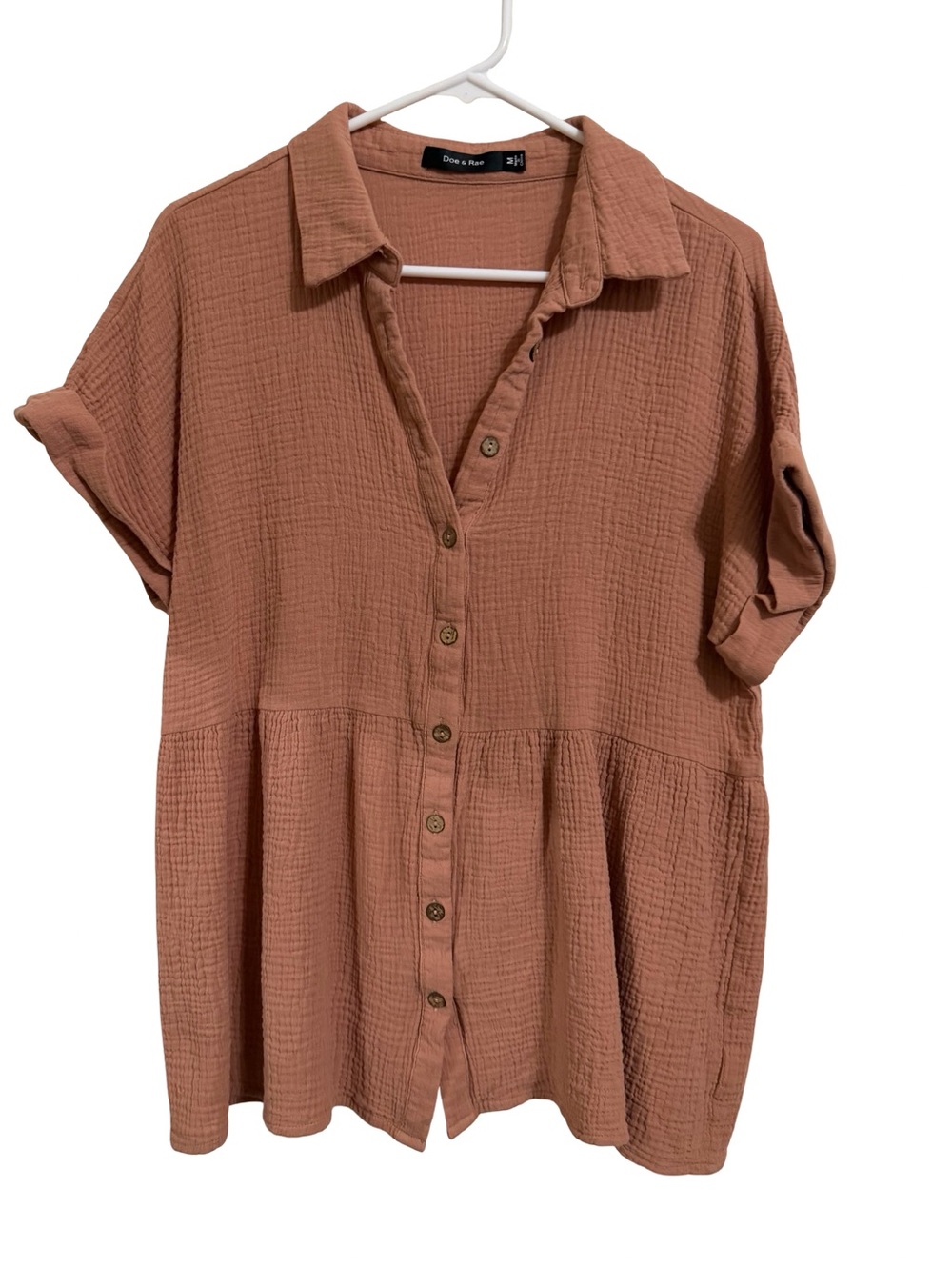 Doe & Rae Rust Button-Front Peplum Gauze Blouse